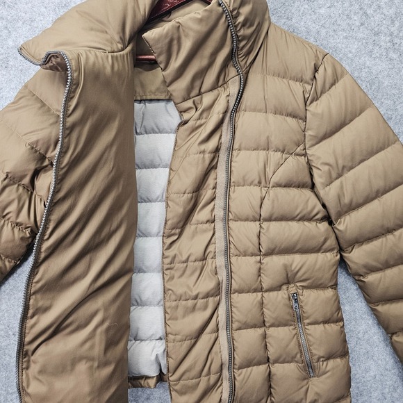 Down Puffer Jacket Womens S Tan Gold COLE HAAN Funnel Neck Asymmetric Prep 20x25 - Picture 2 of 14